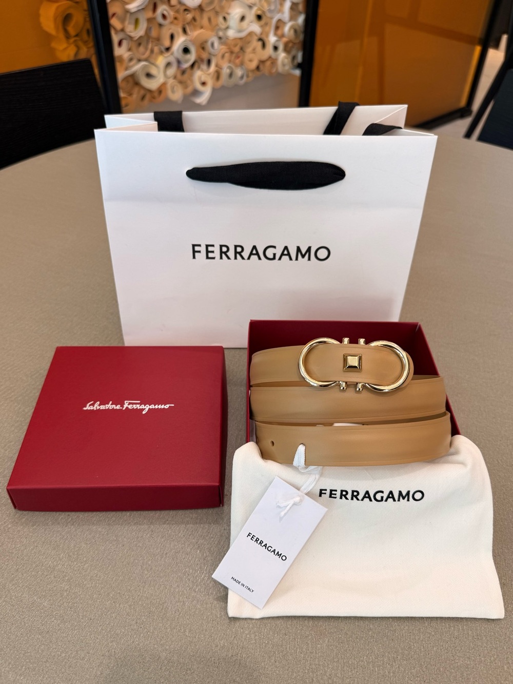 Ferragamo Double Gancini Camel Leather Belt Gold Size 100 Full Set Box Dust Bag